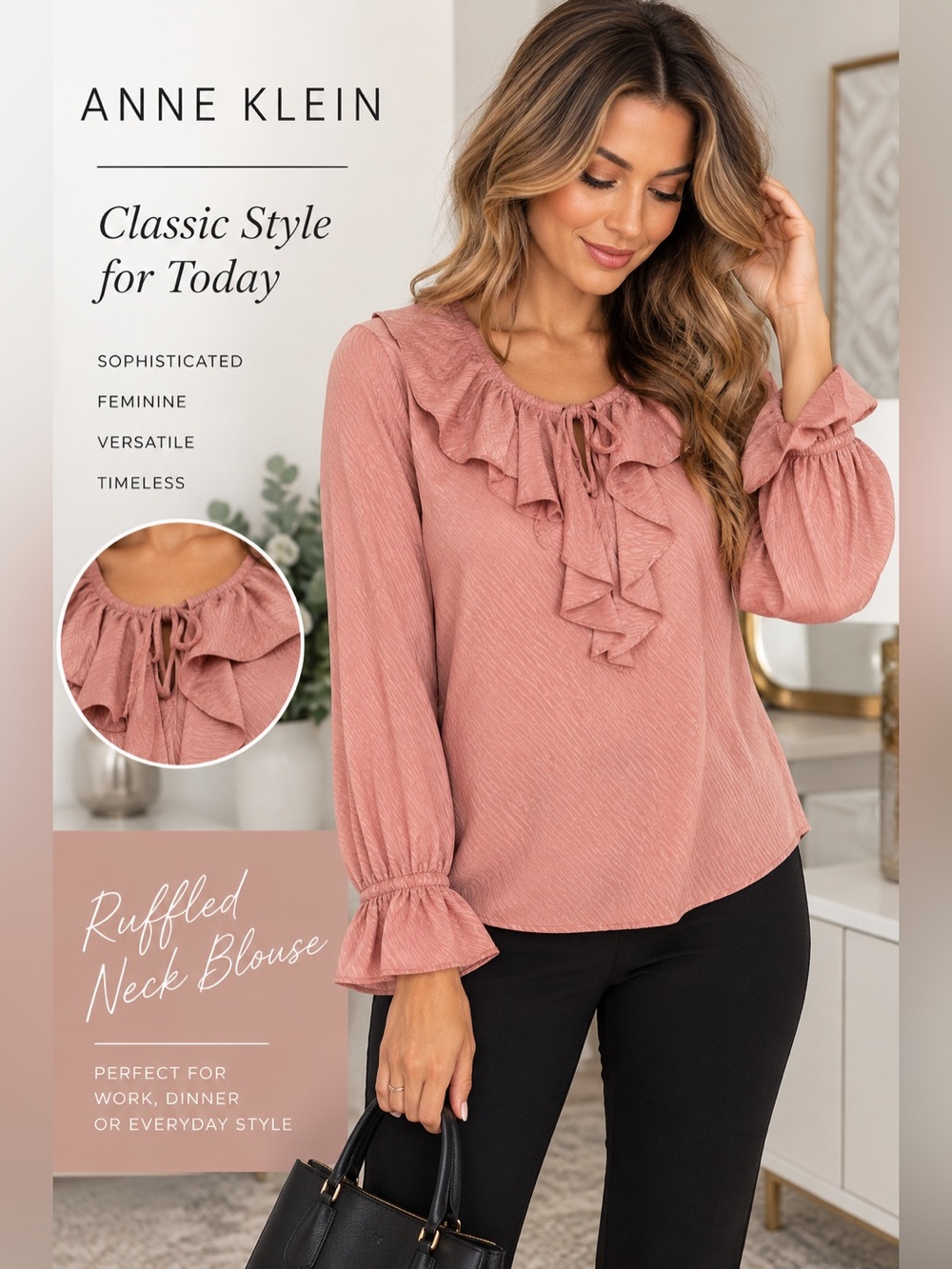 NWT Anne Klein Dusty Rose Ruffle Neck Blouse Size S / Pink / Office / Work